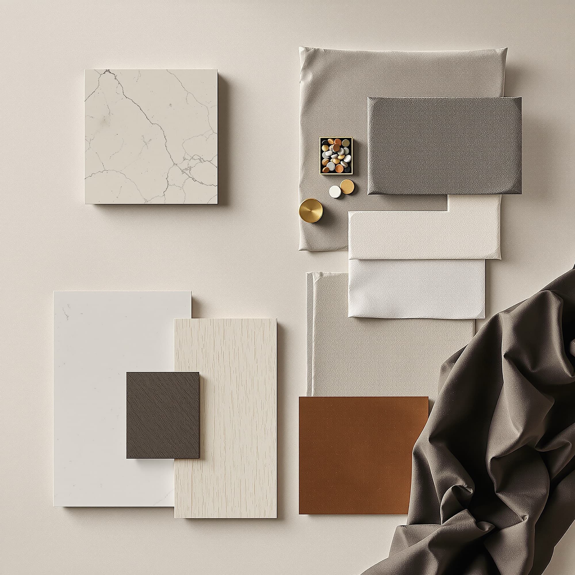 Overhead flat lay of stone, oak, brass and textile samples arranged in a grid