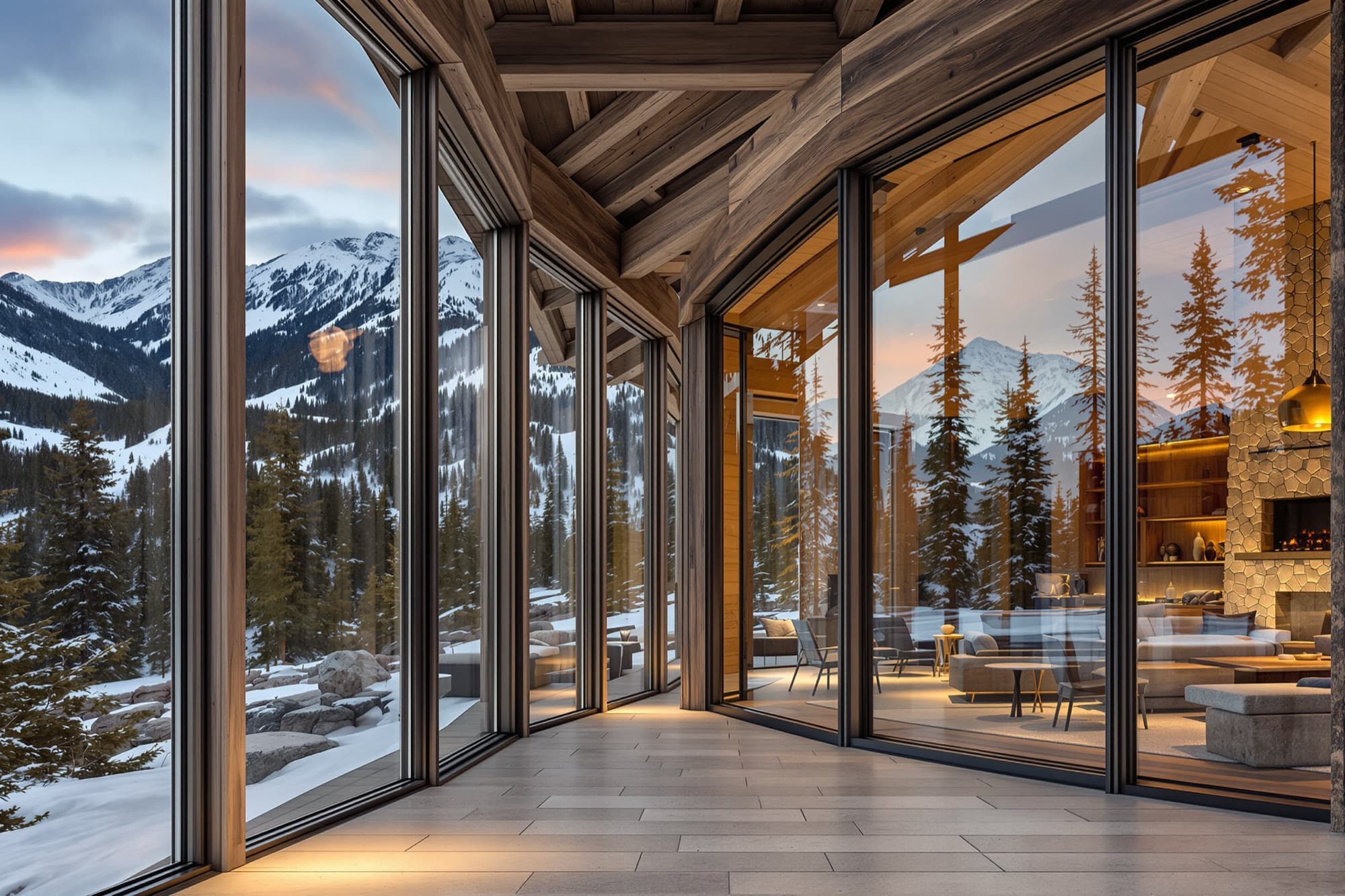Contemporary alpine lodge in Colorado with timber, stone and large glazing at dusk