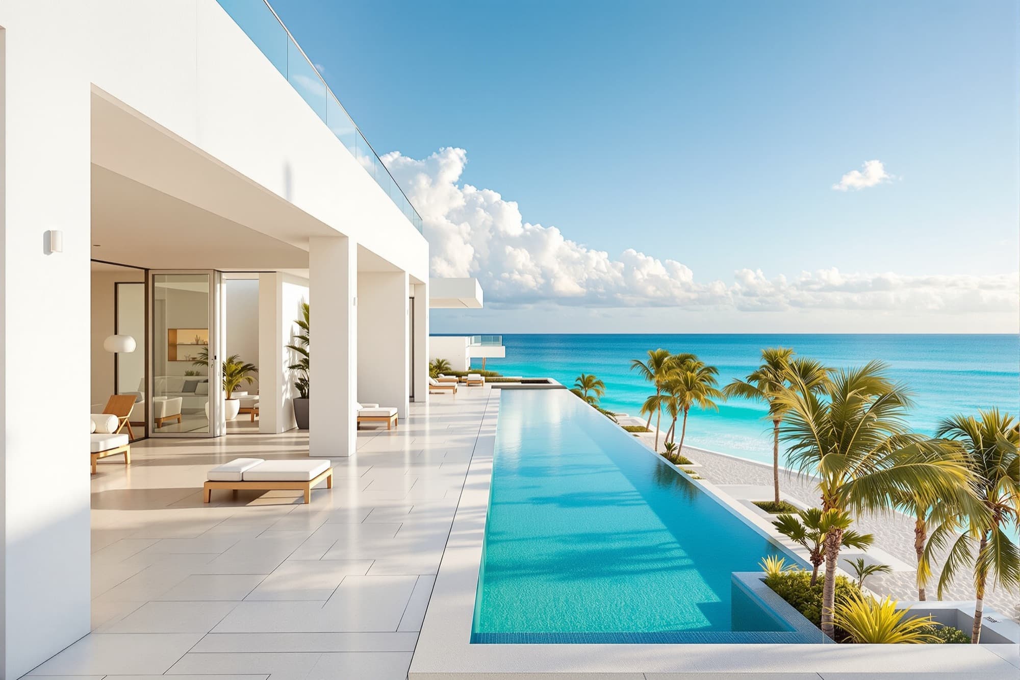 South Florida oceanfront resort with white volumes, terraces and a long pool deck