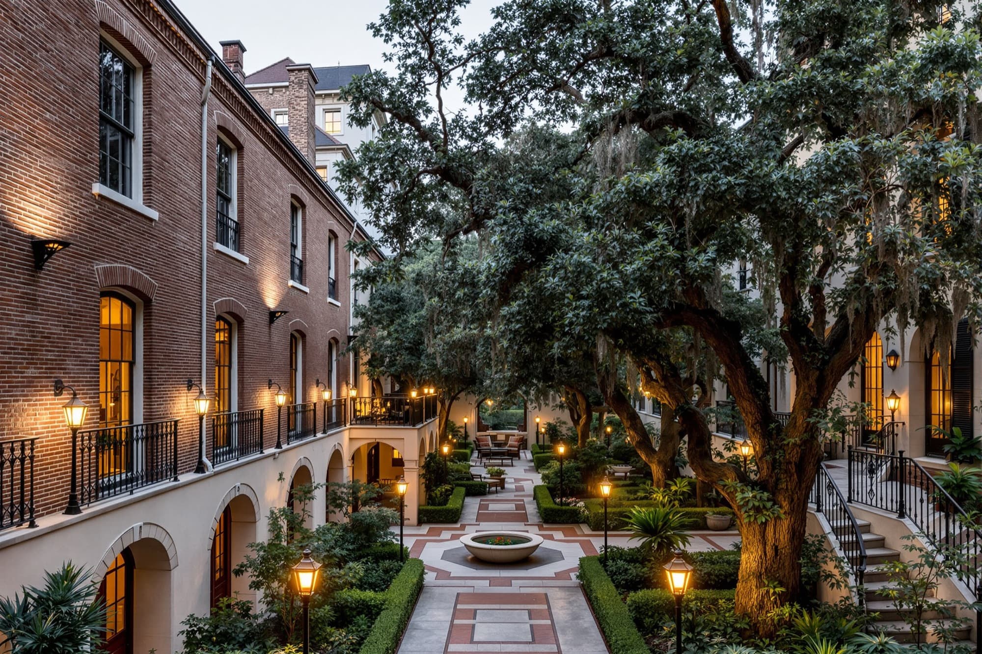 Savannah courtyard hotel with brick wings, live oaks and lanterns at twilight