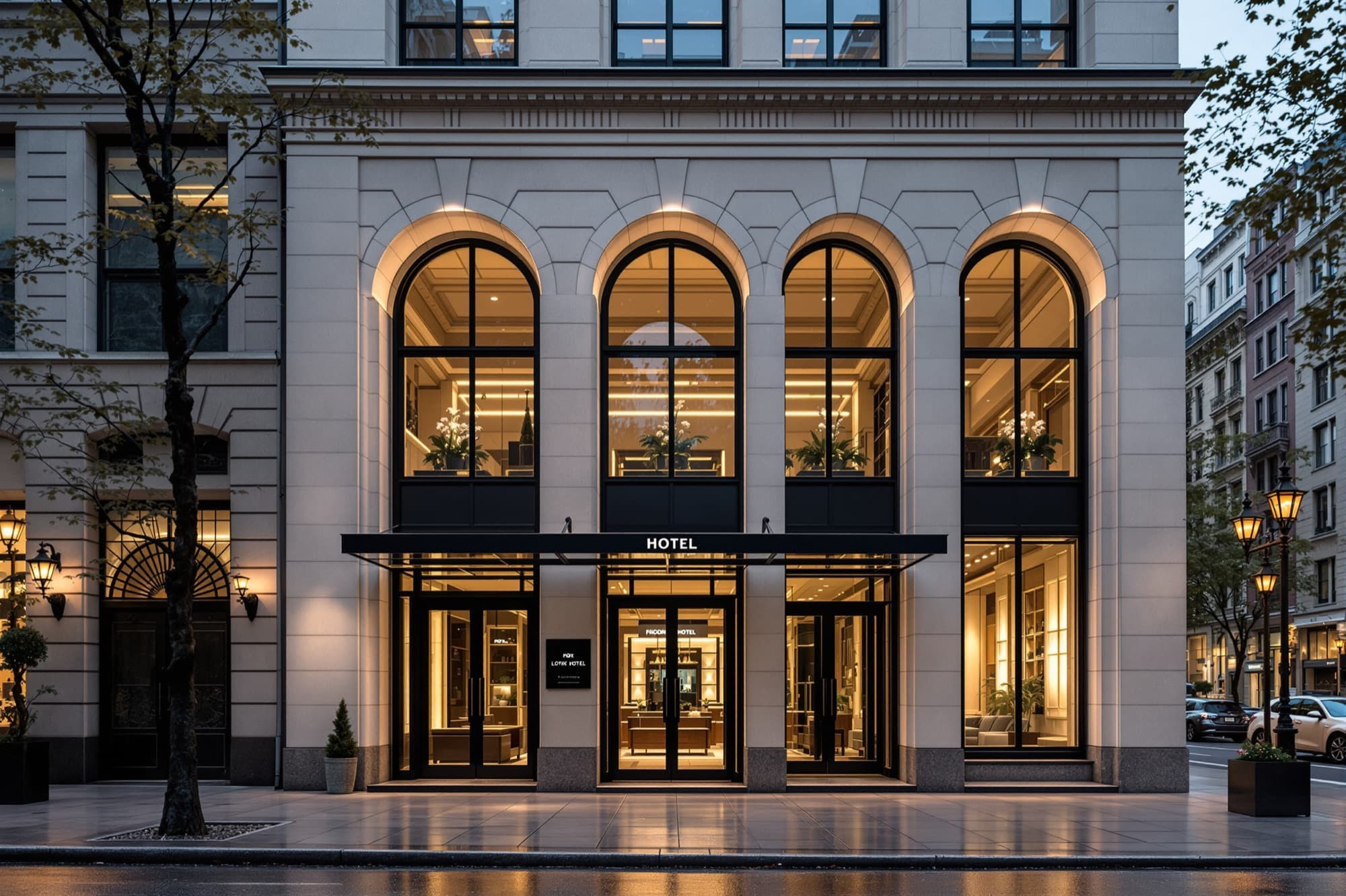 Elegant boutique hotel facade on a Manhattan side street glowing at dusk