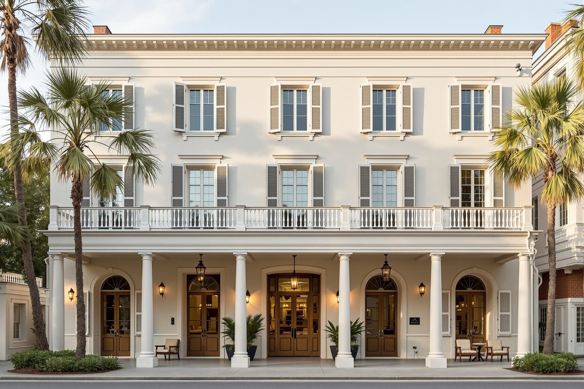 Historic Charleston hotel exterior with shuttered windows and a double piazza