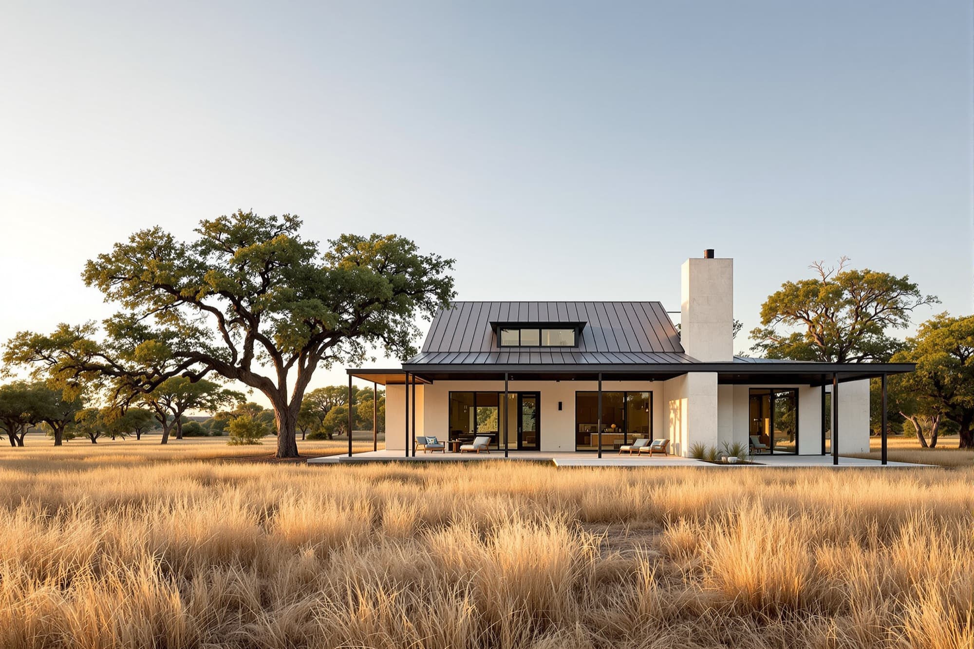 Modern Texas hill country retreat in white limestone and blackened steel under live oaks