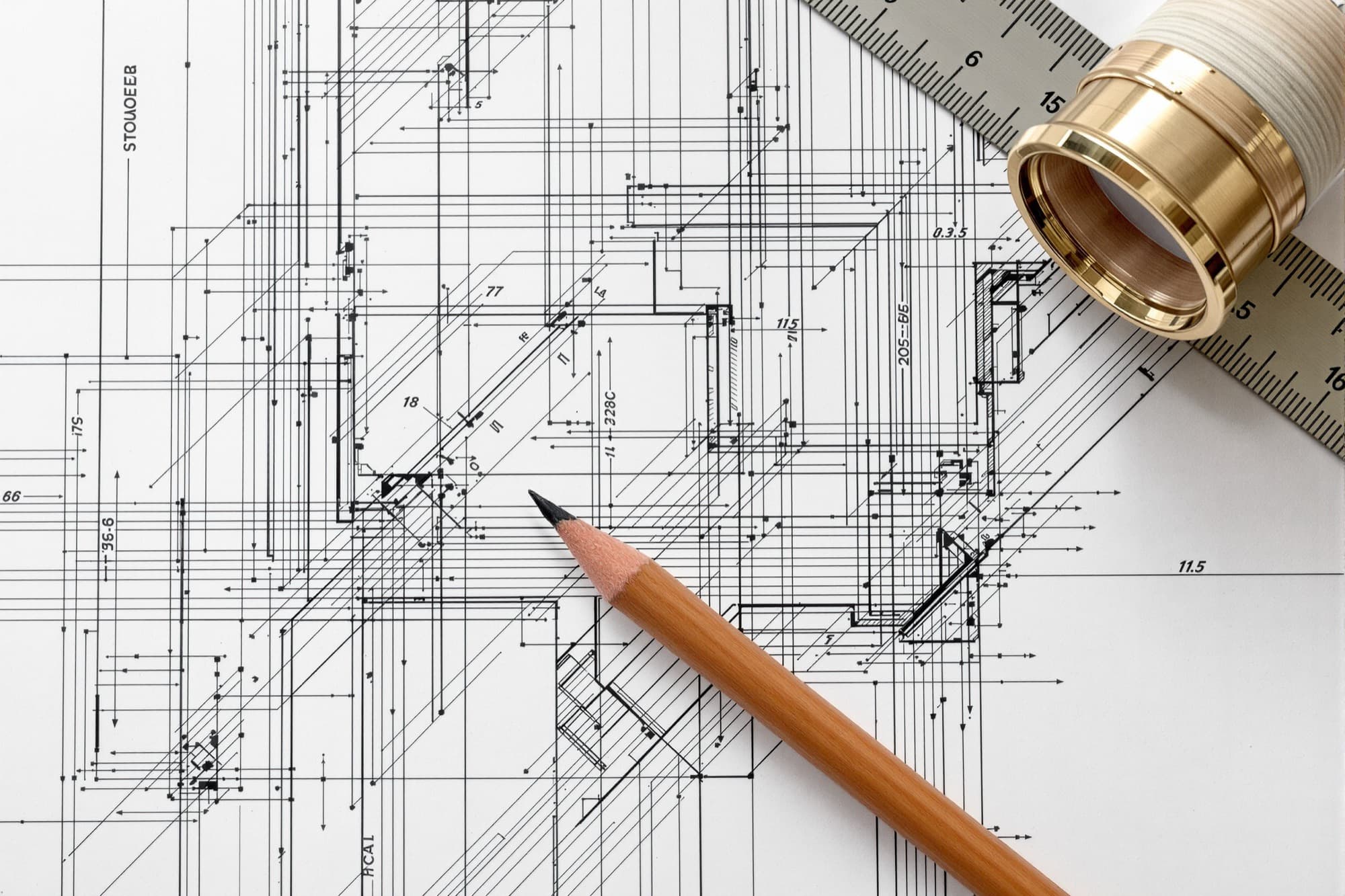 Overhead detail of a large architectural millwork shop drawing with fine ink line work