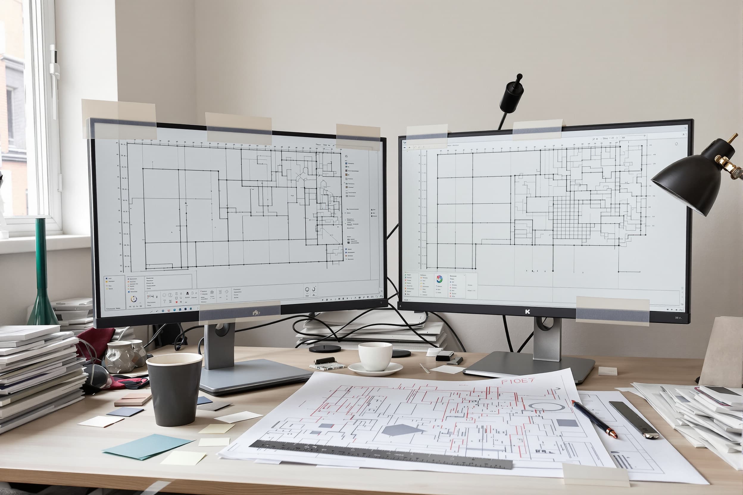 An architect's desk with two monitors showing CAD linework, a redlined printed drawing, a scale rule and material samples