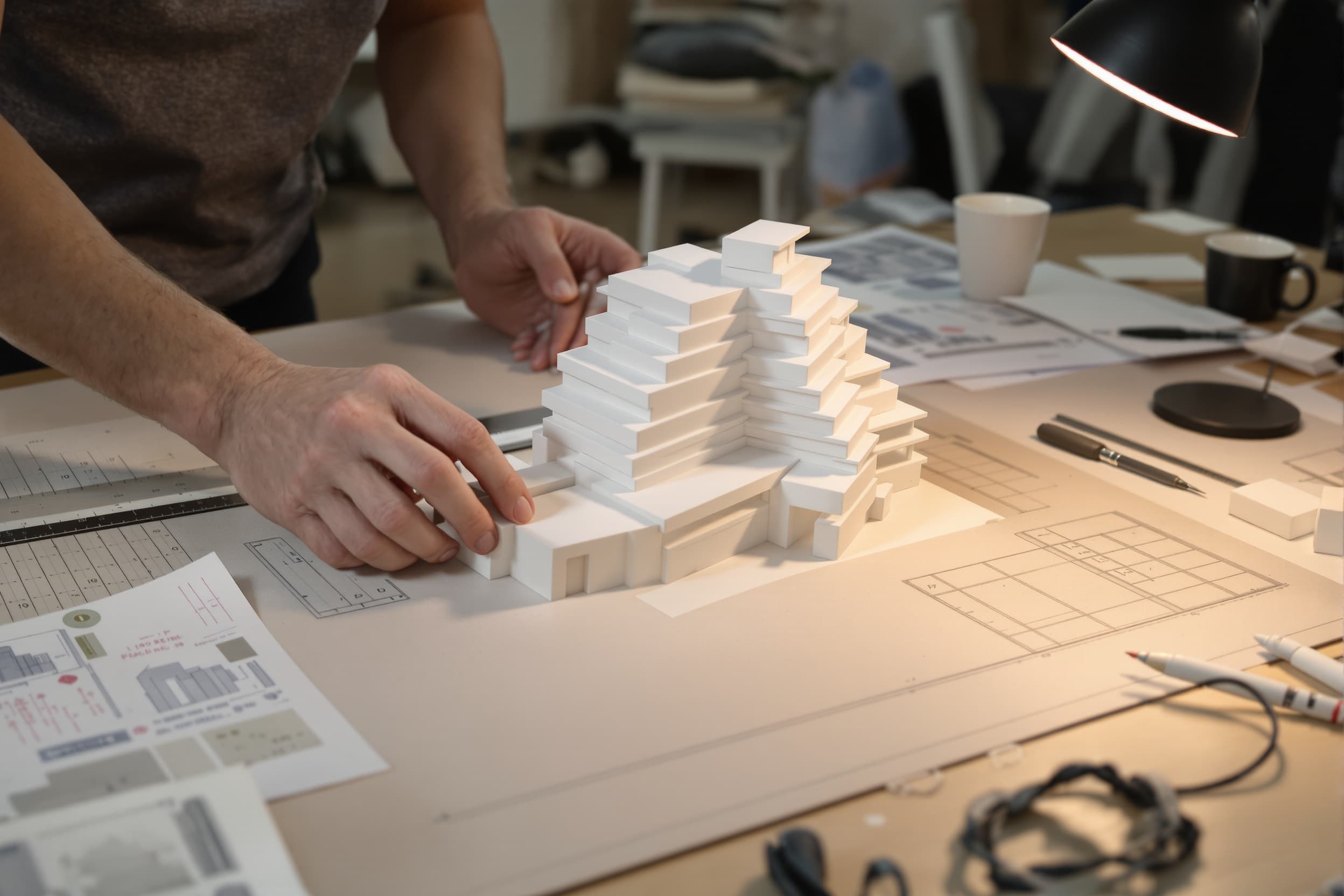 Hands placing a block onto a white chipboard massing model on a cutting mat under a task lamp