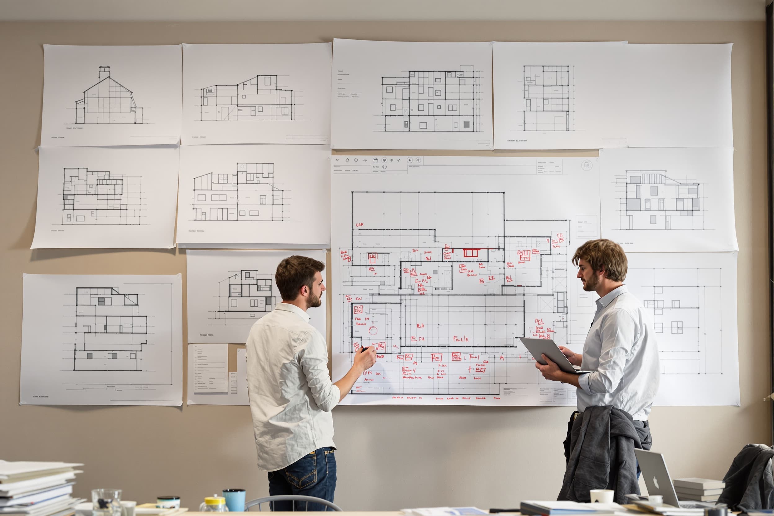 Two colleagues marking up large format architectural drawings pinned to a studio wall