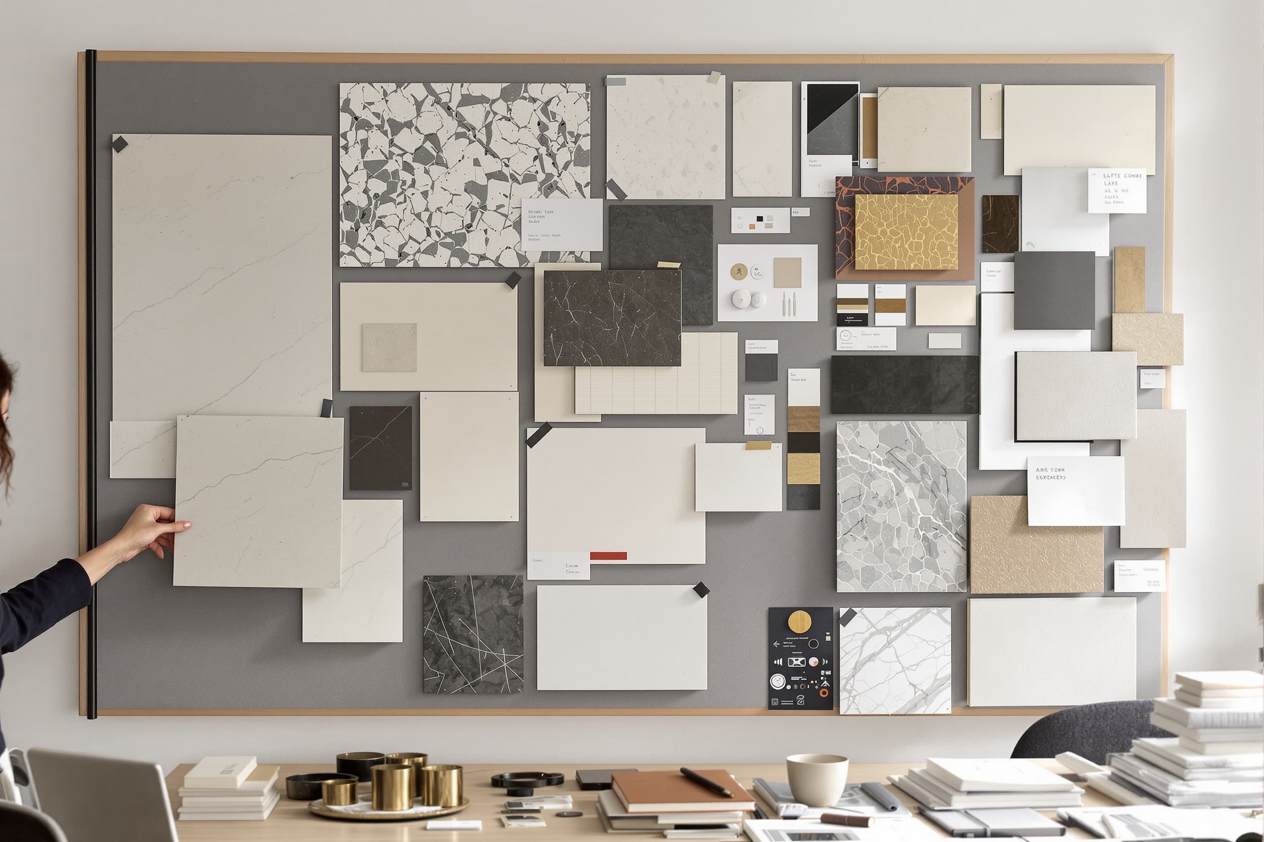 A studio materials wall of stone, terrazzo, marble, oak veneer, metal and textile samples with spec cards
