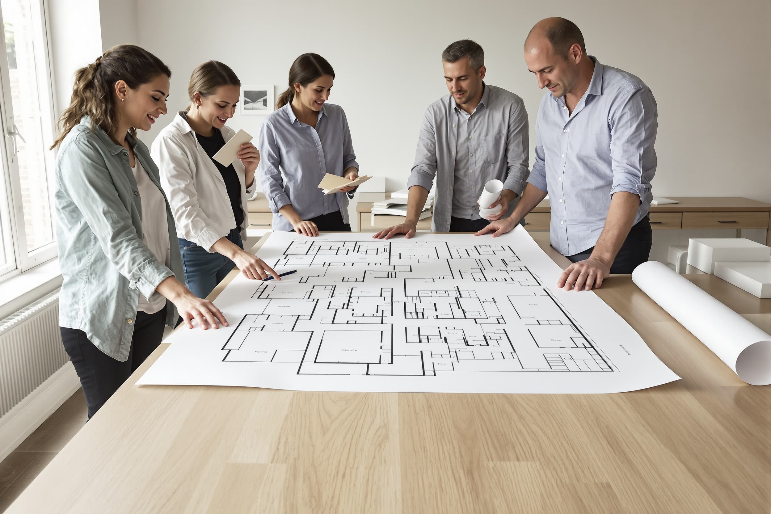 Five members of the studio around a table mid discussion over a large printed floor plan