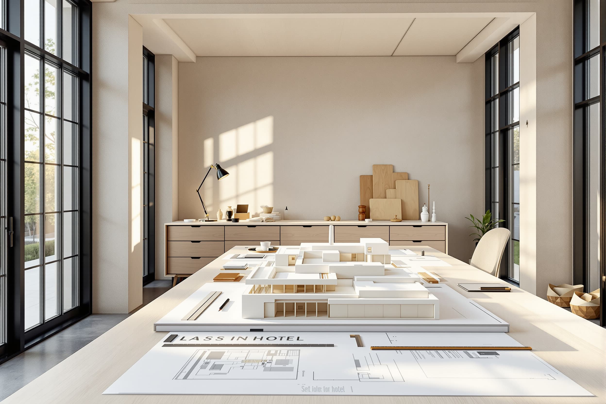 Architecture studio table with large format floor plans, a scale rule and a white chipboard massing model in golden hour light