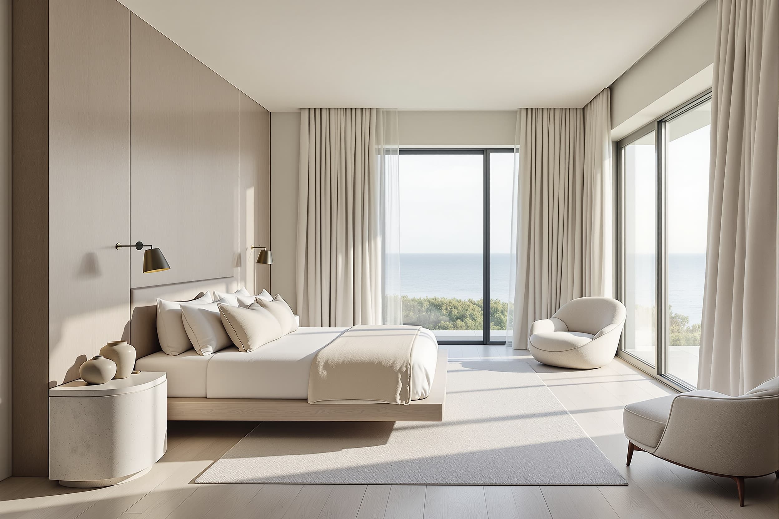Luxury hotel suite in soft morning light with a linen bed, plaster walls, oak floors and a bronze framed window