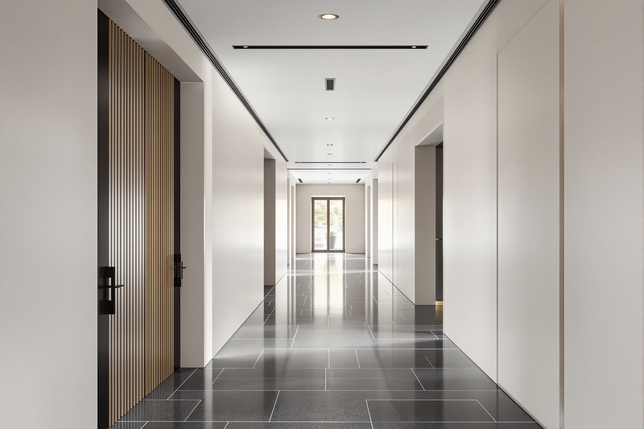Coordinated hospitality ceiling with linear diffusers, recessed downlights and sprinklers aligned on a single grid