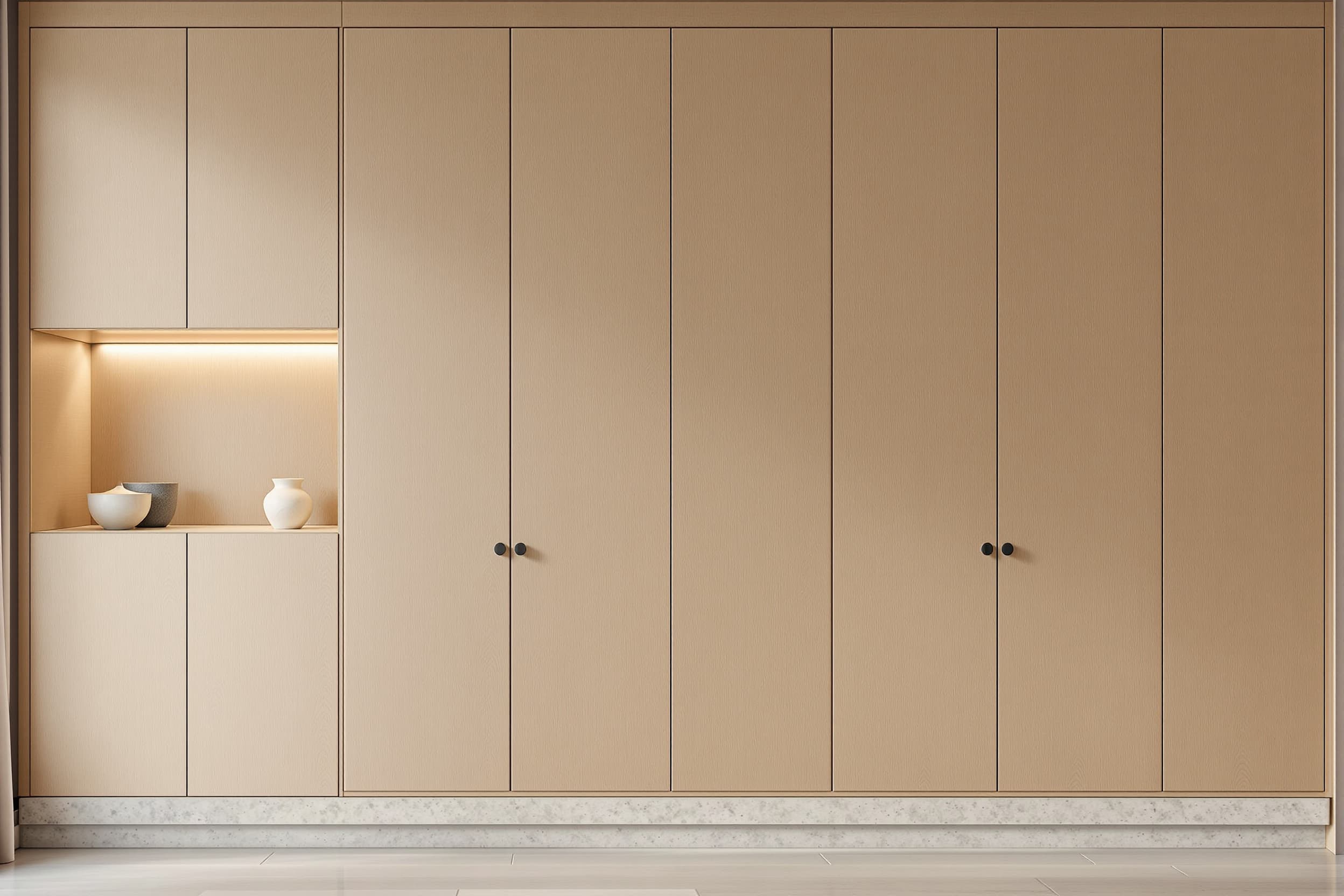 Detail of bespoke rift sawn white oak built-in joinery with a fine shadow gap reveal and an aged brass pull
