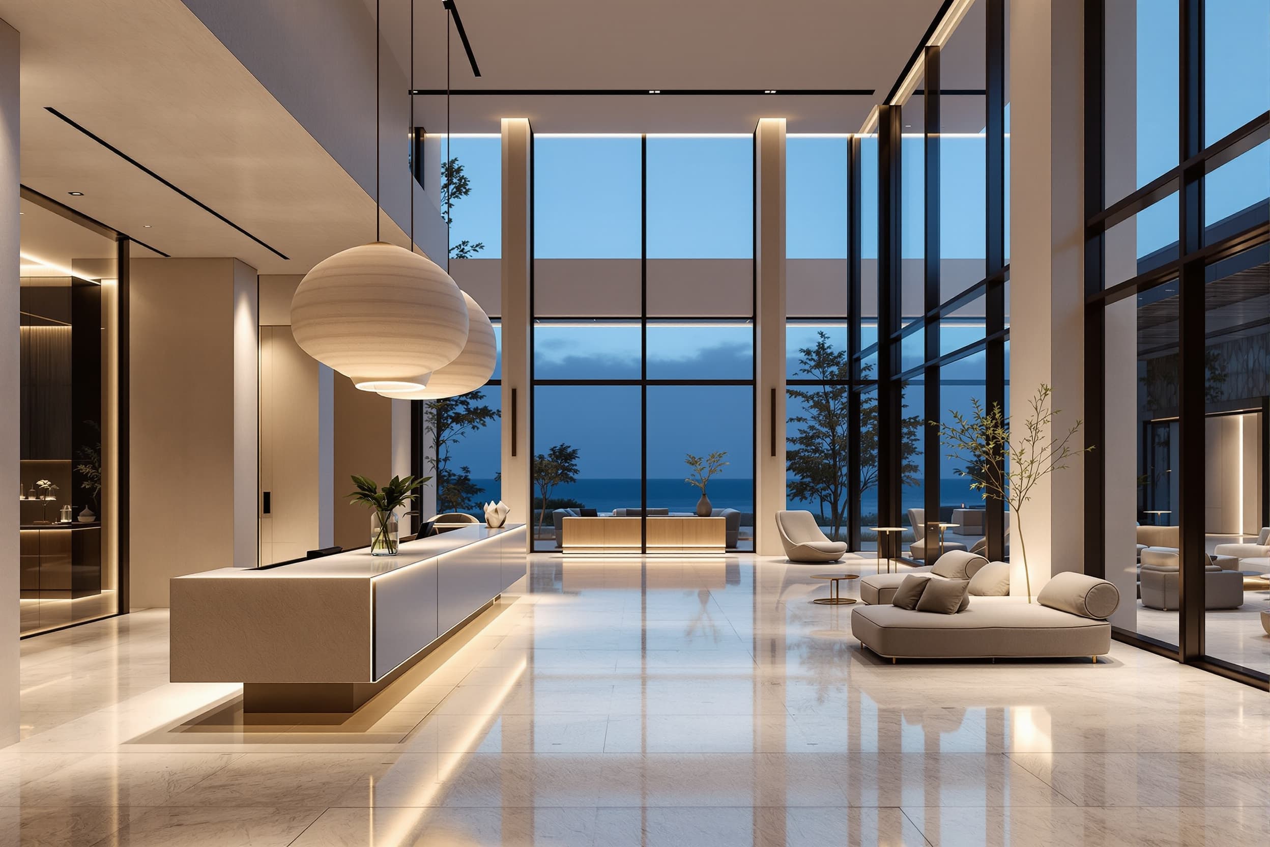 Photoreal visualization of a boutique hotel lobby at dusk with travertine floors and a floating oak reception volume
