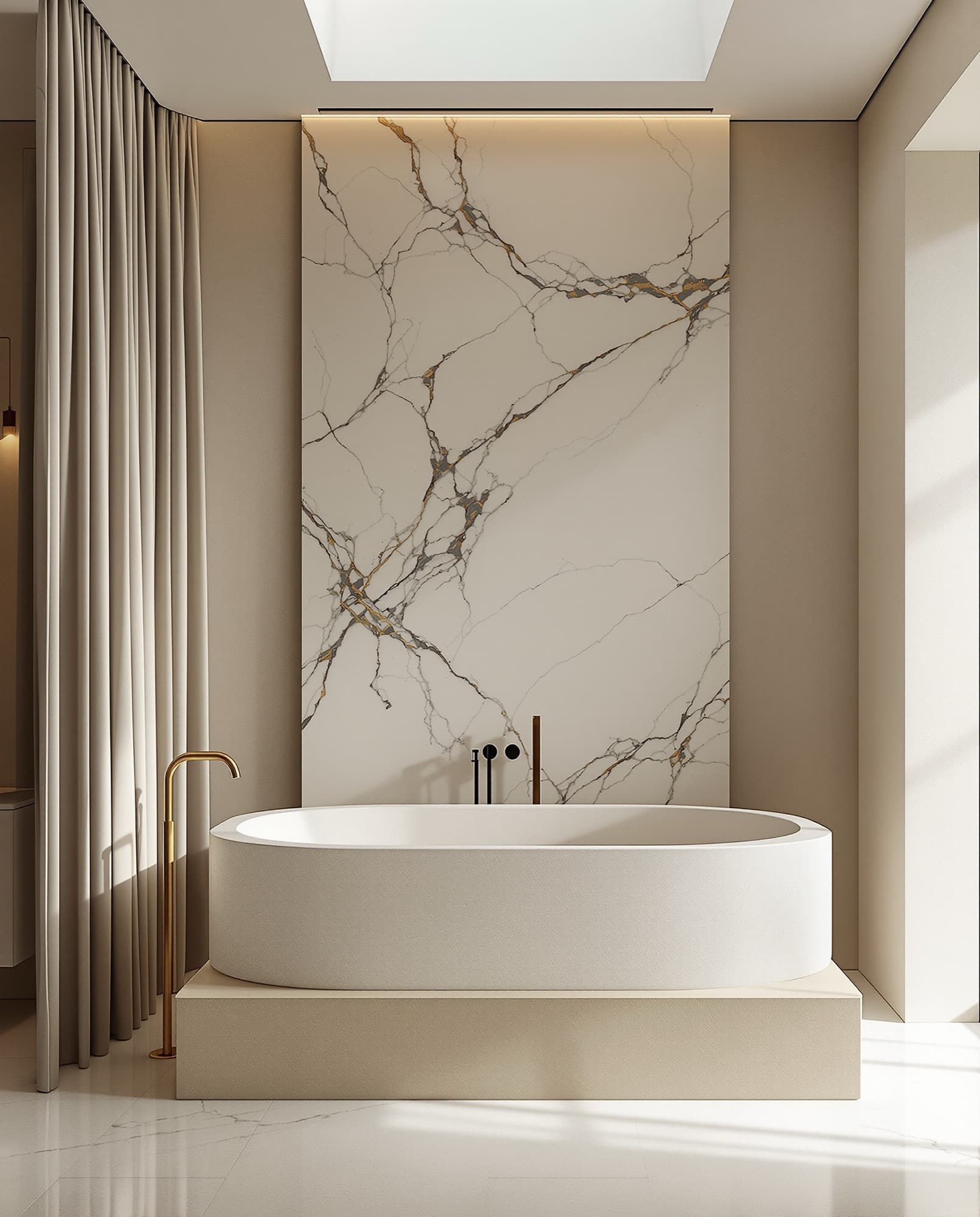 Hotel bathroom with a solid stone bath and book matched marble slab wall