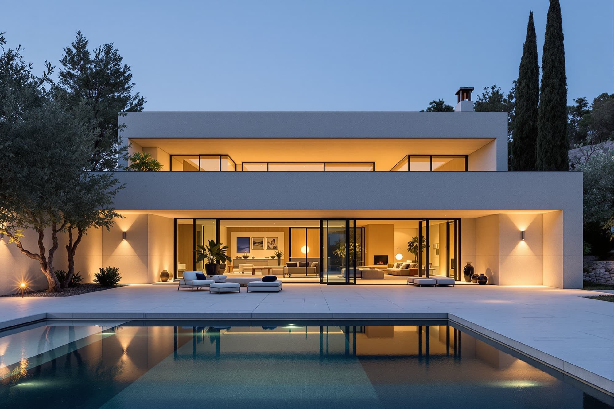 Boutique hotel exterior at blue hour with stone volumes, shaded loggias and a reflecting pool