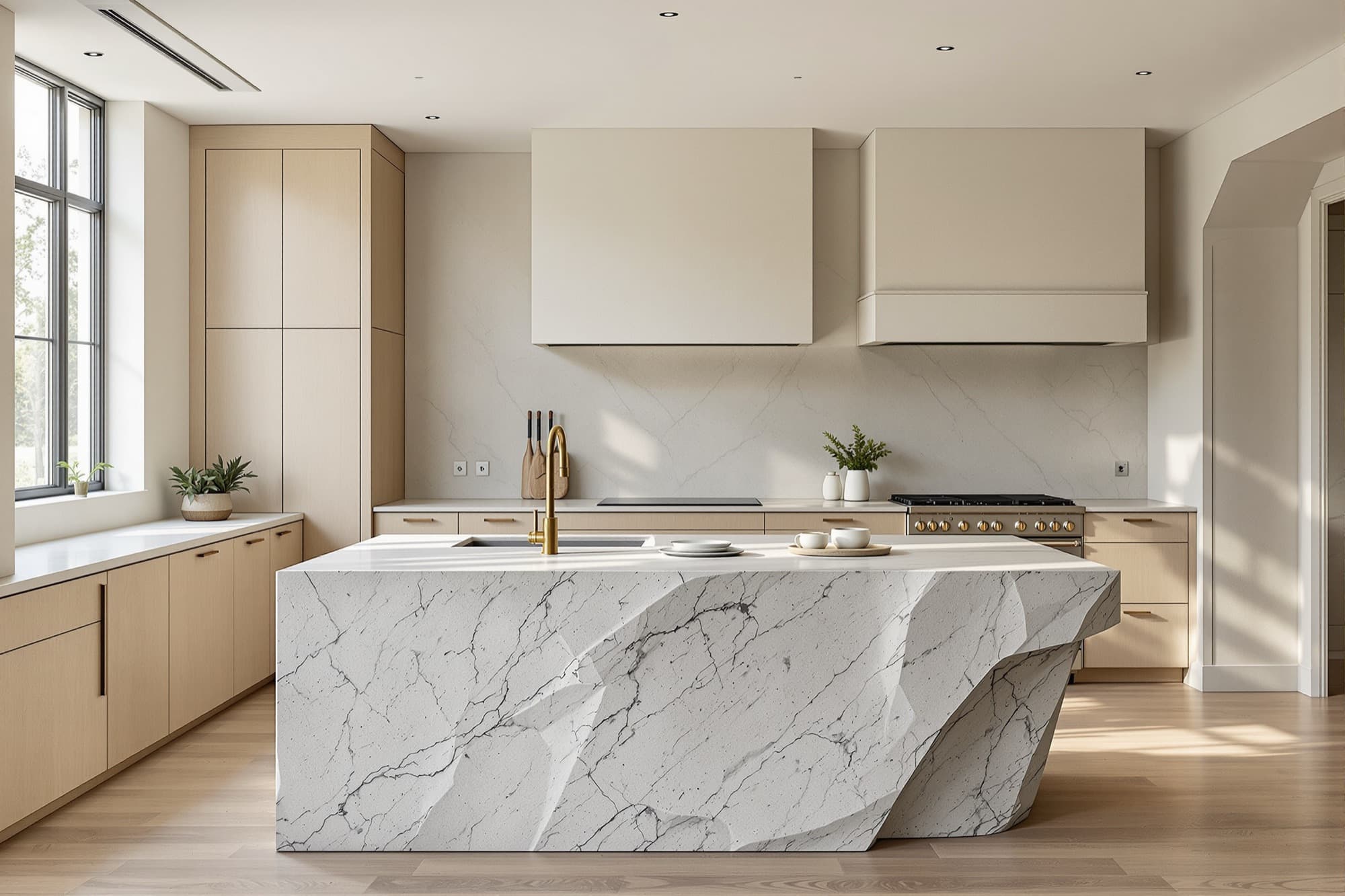 Bespoke kitchen with a honed stone island, oak cabinetry and an aged brass tap