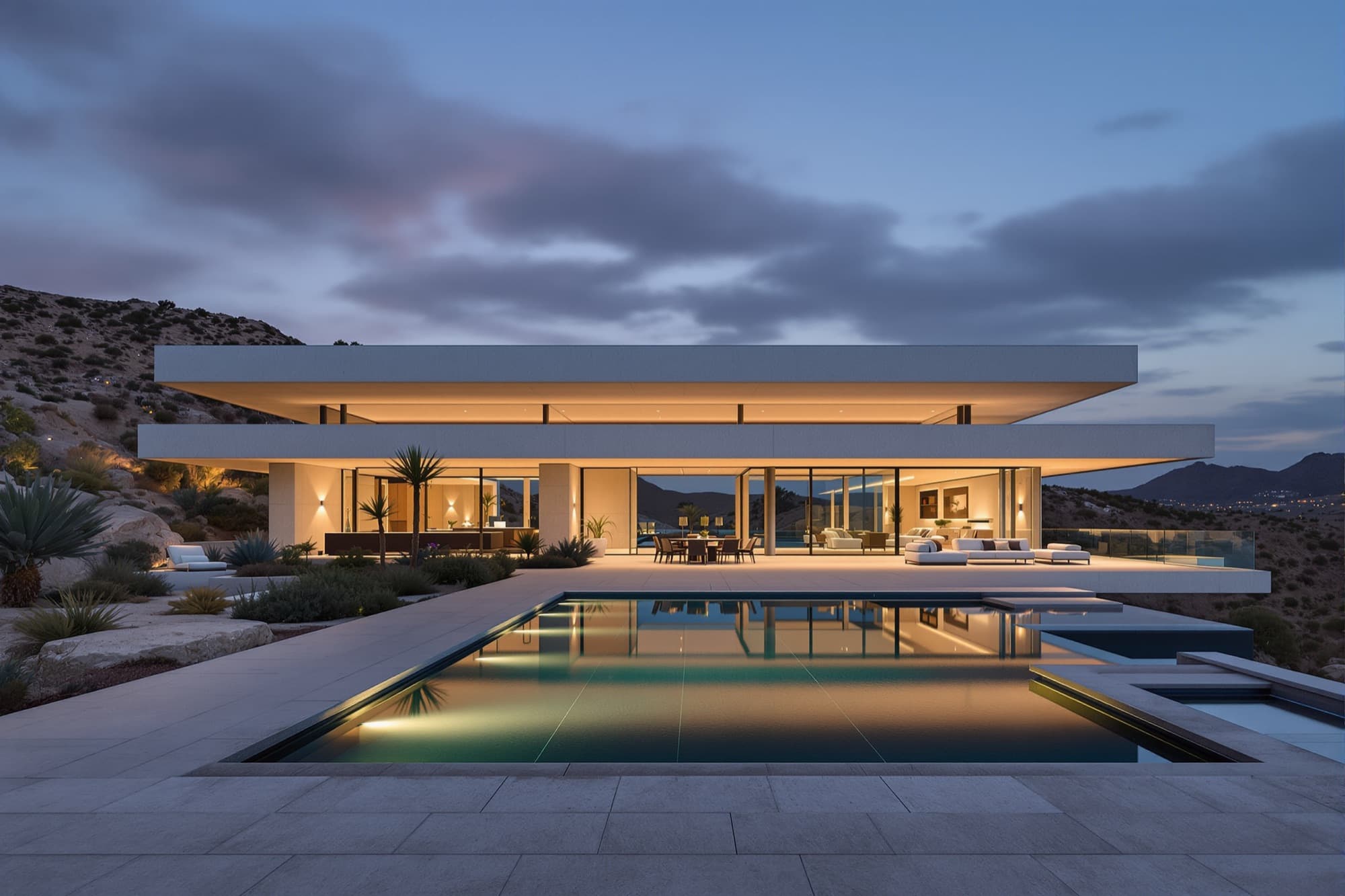 Contemporary limestone and glass residence at dusk with an infinity pool
