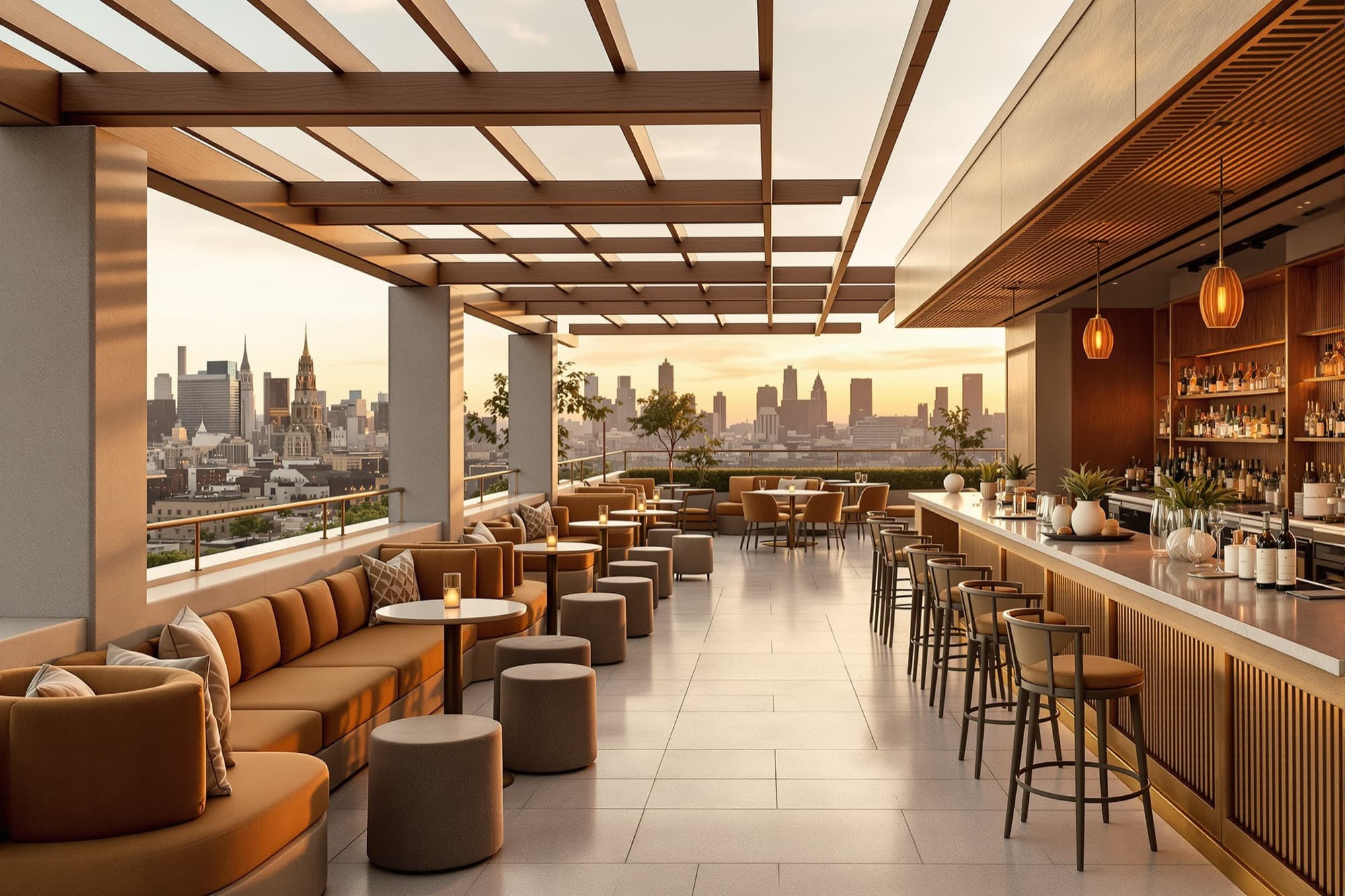 Rooftop restaurant at sunset with bouclé banquettes and a fluted oak bar