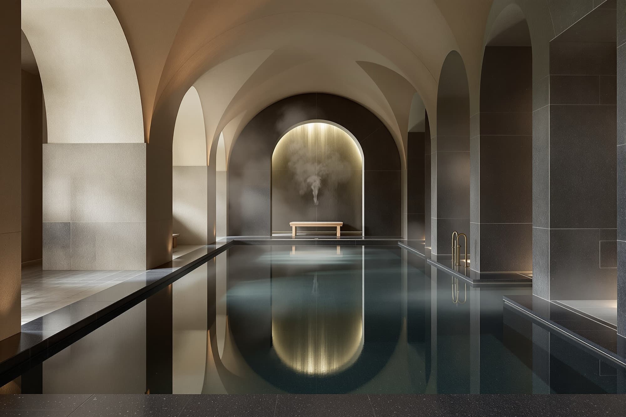 Hotel spa with a dark stone plunge pool and plaster vaults